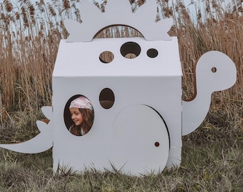children's cardboard cubby house, dinosaur, kids dinosaur, kid's crafts, playroom, creative play, arts and craft, kid's birthday gift
