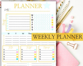 Weekly Planner Printable, Meal Prep, Waterlog, Priorities (PDF)