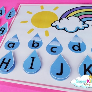 Letras minúsculas, letras mayúsculas, coincidencia de letras del alfabeto, gota de lluvia del alfabeto imprimible, actividad de coincidencia de letras, educación en el hogar, preescolar