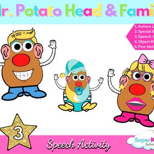 Puede incluir: Mr. Potato Head y su familia se muestran en una ilustración de dibujos animados. Los personajes sonríen y tienen diferentes accesorios. La imagen está etiquetada como "Actividad del habla" y forma parte de un conjunto de actividades educativas para niños.