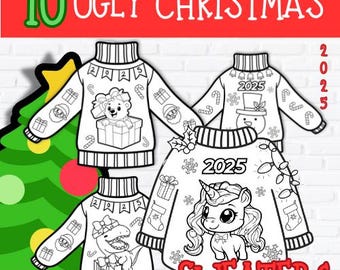 2025 Christmas Ugly Sweater Coloring Pages| Holiday Ornaments | 10 Holiday Printable Coloring and Cut Activities | Classroom and Party Fun