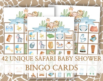 Safari Baby Shower Bingo Game, 42 Unique Cards (Printable)