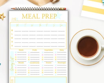 Meal Prep Planner, Food Planner, 7 Day Menu Printable, Meal Planner Printable, Grocery List, Weekly Grocery List Template, Food Menu