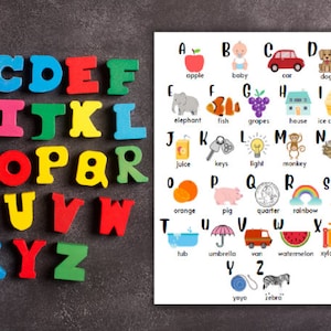 May include: A colorful alphabet chart with illustrations for each letter. The letters are in uppercase and are printed in a bold, black font. The illustrations are colorful and depict various objects, animals, and concepts. For example, the letter A is paired with an apple, the letter B is paired with a baby, and the letter C is paired with a car.