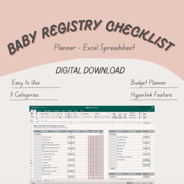 UK Baby Registry - Baby Budget Planner Shopping List - Excel Spreadsheet - Instant Download - Newborn Checklist - Mum to Be -