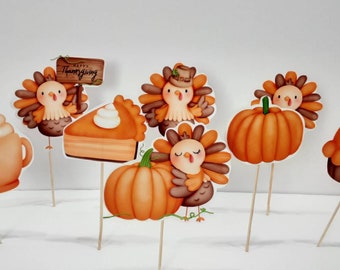 Thanksgiving caketoppers cupcakes sticks Thanksgiving decorations Thanksgiving party supplies turkey decorations cupcakes Thanksgiving