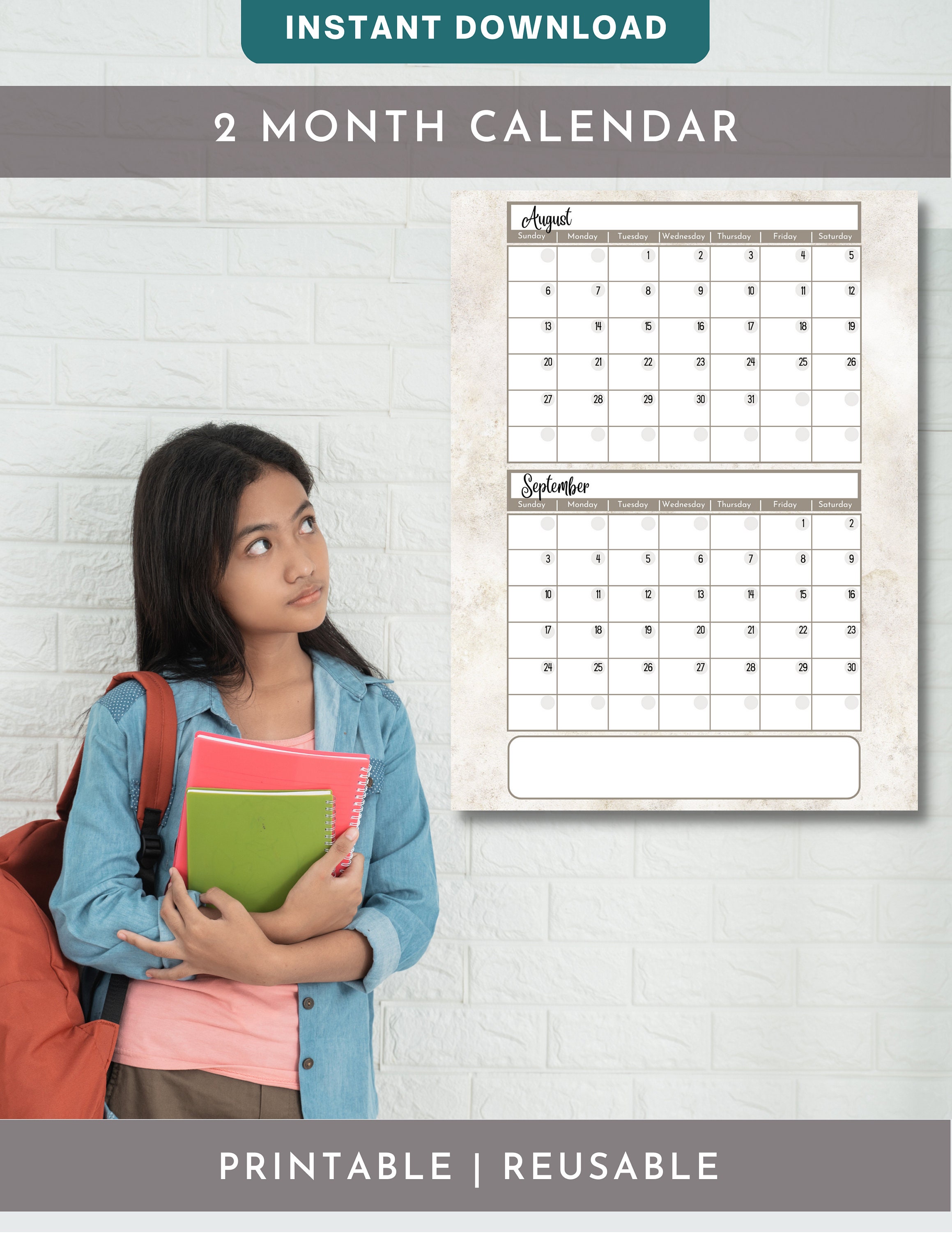 2 Month Printable Reusable Calendar - Etsy