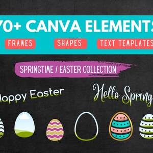 May include: 70+ Canva elements for springtime and Easter, including frames, shapes, and text templates. The image shows a collection of colourful Easter egg illustrations with different patterns.