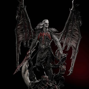May include: A detailed statue of a character with long white hair, large bat-like wings, and a red emblem on the chest. The figure holds a sword and stands on a base with grotesque, organic forms. The color palette is primarily black, gray, and red.