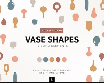 Puede incluir: Una colección de 16 formas de jarrones boho en varios colores, incluyendo beige, azul claro, naranja, marrón y rosa. El texto "COLLECTION 01 VASE SHAPES 16 BOHO ELEMENTS" se muestra en el centro de la imagen. El texto "EACH DESIGN IN THREE FORMATS: EPS // PNG // SVG" se muestra en la parte inferior de la imagen.