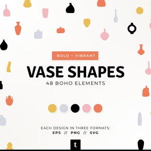 Puede incluir: Una colección de 48 formas de jarrones audaces y vibrantes en varios colores, incluyendo negro, blanco, amarillo, rosa y naranja. Las formas son simples y geométricas, y son perfectas para agregar un toque de estilo moderno a cualquier proyecto de decoración del hogar. El texto "VASE SHAPES" y "48 BOHO ELEMENTS" se muestra en el centro de la imagen. El texto "EACH DESIGN IN THREE FORMATS: EPS // PNG // SVG" se muestra en la parte inferior de la imagen.