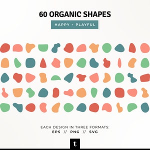 Pode incluir: Um conjunto de 60 formas org&acirc;nicas em v&aacute;rias cores, incluindo vermelho, laranja, verde e azul. As formas s&atilde;o organizadas em uma grade. Cada forma est&aacute; dispon&iacute;vel em tr&ecirc;s formatos: EPS, PNG e SVG. O texto "60 FORMAS ORG&Acirc;NICAS" e "HAPPY + PLAYFUL" &eacute; exibido no topo da imagem. A letra "t" &eacute; exibida na parte inferior da imagem.
