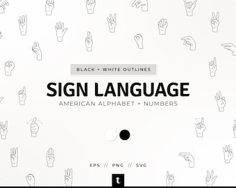 Lengua de Señas Americana (contornos en blanco y negro), Alfabeto y números en ASL, paquete de Lengua de Señas Americana, SVG de Lengua de Señas Americana