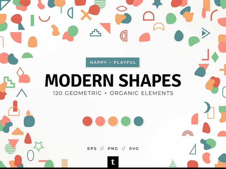 Pode incluir: Uma ilustra&ccedil;&atilde;o de design gr&aacute;fico de 120 formas modernas em uma variedade de cores, incluindo vermelho, laranja, verde e azul. As formas s&atilde;o geom&eacute;tricas e org&acirc;nicas, e est&atilde;o dispostas em um padr&atilde;o aleat&oacute;rio. O texto "HAPPY + PLAYFUL MODERN SHAPES 120 GEOMETRIC + ORGANIC ELEMENTS EPS // PNG // SVG t" tamb&eacute;m est&aacute; inclu&iacute;do na imagem.