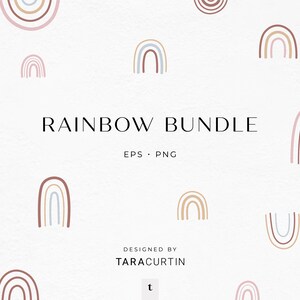 Puede incluir: Una descarga digital de un paquete de arcoíris con varios diseños de arcoíris en colores pastel. El texto "RAINBOW BUNDLE" y "EPS. PNG" se muestra sobre un fondo blanco.