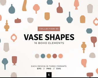 Puede incluir: Una colección de 16 formas de jarrones boho en varios colores, incluyendo beige, azul, marrón y rosa. Las formas son simples y geométricas, y los colores son apagados y terrosos. El texto "COLLECTION 03 VASE SHAPES 16 BOHO ELEMENTS" se muestra en el centro de la imagen. El texto "EACH DESIGN IN THREE FORMATS: EPS // PNG // SVG" se muestra debajo del título. La letra "t" se muestra en el centro inferior de la imagen.