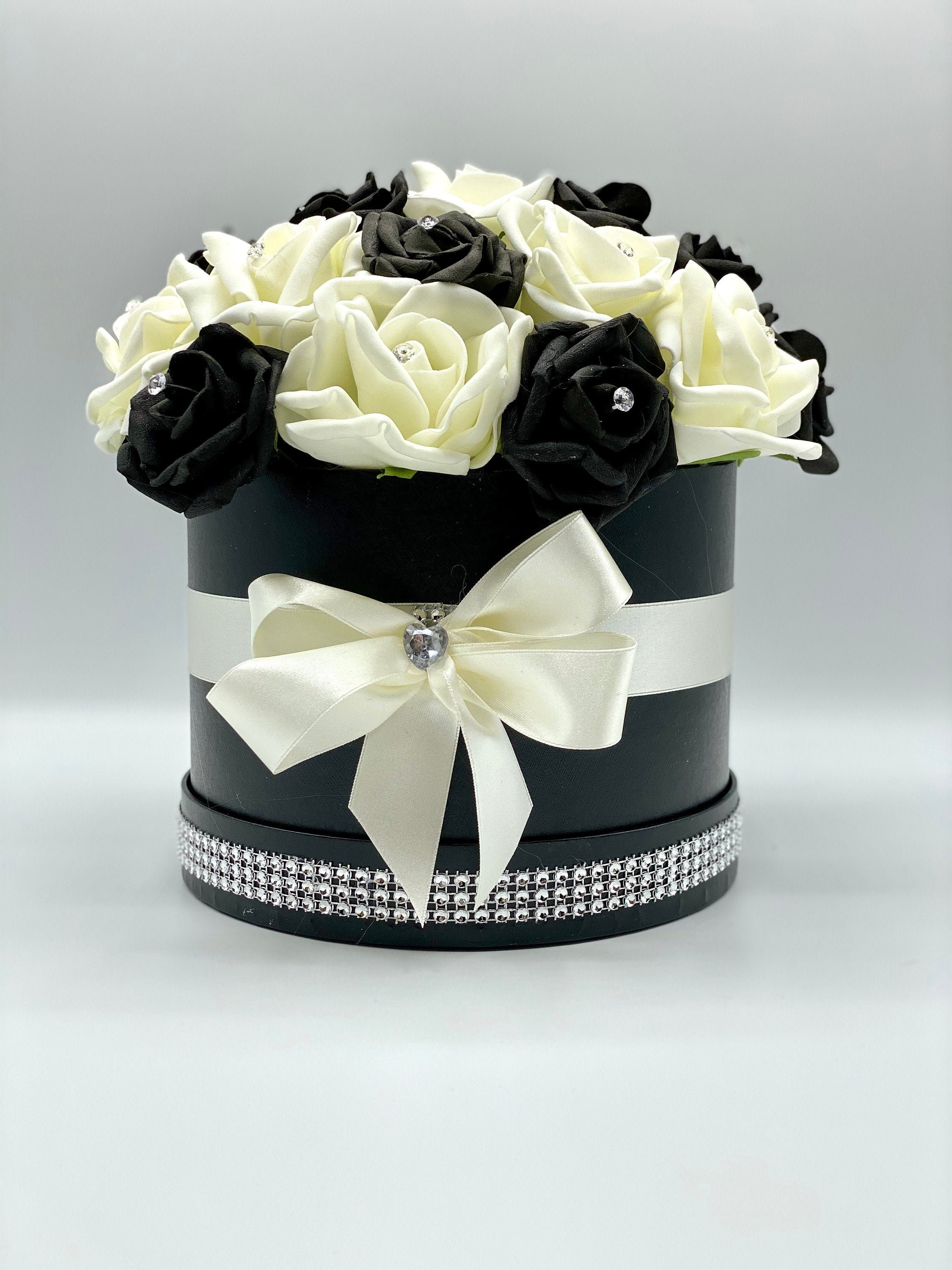 Artificial Black & Cream Rose Hat Box Flowers in Black Box Etsy