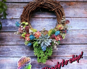 Boho Succulent Wreath- Quick Shipping mothers day Easter Gift floral door decor Ready to Ship