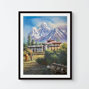 Everest Region Himalayan Village Wall Art, Original Watercolor Painting, Hand-Painted 18x24 Acrylic Painting on Canvas, Nepal Mountain Décor