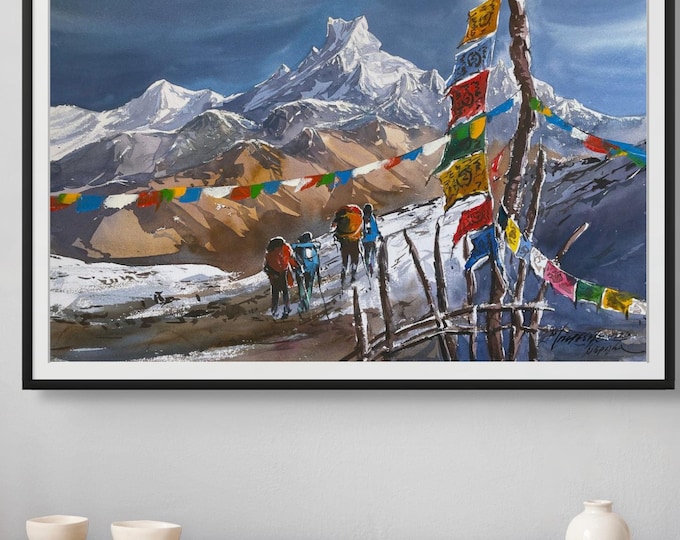 Featured listing image: Mt Fishtail Watercolor Painting, Machapuchare Mountain Art Decor, Trending Now Minimalist Wall Art, Unique Wall Decor Housewarming Gift