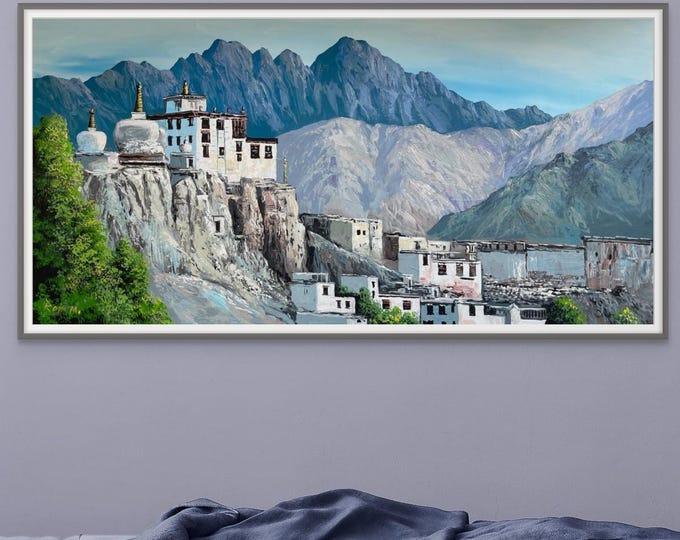 Featured listing image: Ladakh Himalayan Village Wall Art, Original Watercolor Style Acrylic Painting on Canvas, 24x48" Mountain Home Decor, Rustic Home Art