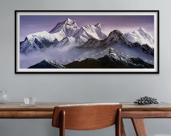 Purple Everest Mountain Painting, Original Nepali Art, 36&quot;x16&quot; Modern Landscape Wall Decor, Nature-Inspired Artwork, Modern Wall Art Decor