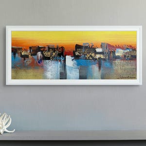 Original Nepali Sunset Wall Art, Hand-Painted Abstract Watercolor, 15x6&quot; Acrylic on Canvas, Himalayan Landscape Unframed Minimalist Painting