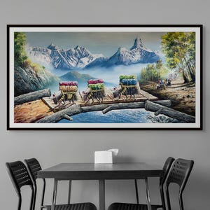 Majestic Ama Dablam & Yaks Wall Art Decor, Himalayan Mt Everest Scene on 48x24” Canvas by Raju M, Acrylic Mountain Landscape Painting
