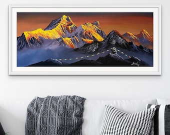Mount Everest Sunrise Original Painting, Nepal Himalayas Art, Mountain Landscape Decor, Hand-Painted Acrylic Painting, Nepal Culture Decor