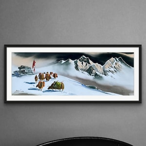 Mount Everest Yaks Watercolor Art, Original Art Painting, Nepal Himalayas Art, Nature Lover Gift Landscape Mountain Decor, Wildlife Wall Art