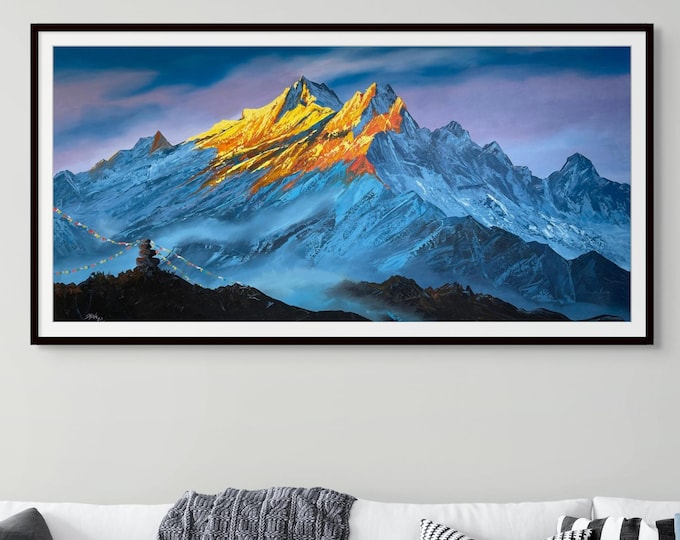 Featured listing image: Mt. Manaslu Sunset Painting, Original 24"x48" Watercolor Wall Art on Canvas by Shiva M, Himalayan Landscape Decor, Travel Wall Art for Home