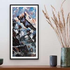 Abstract Mt. Everest Original Painting, Himalayas Nepal Art, Vertical Mountain Landscape Wall Art for Office Decor, 7&quot;x15&quot; Wall Decor Gift