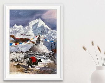 Himalayan Mountain Stupa Wall Art, Original Watercolor Painting