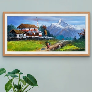 Nepali Mountain Village Painting, Himalayas Mt Fishtail Hand-Painted Landscape Art, Rustic Nature Decor, Original Artwork Modern Decor