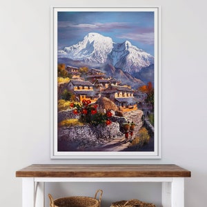 Ghandruk Village Original Painting, Mt. Annapurna Nepal Landscape Art, Himalayan Nature Art on Canvas, Trendy Wall Art for Living Room