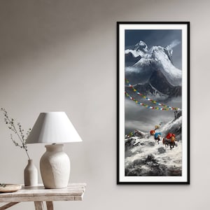 Mount Everest Majestät Kunst für Wohnkultur, Nepal Himalaya Originalgemälde, Yaks Gebetsfahnen Landschaftskunst, Naturkunst für Bürodekoration