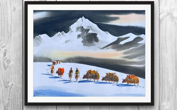 ヒマラヤ山壁アート装飾、オリジナル水彩画、ネパールヤク雪山