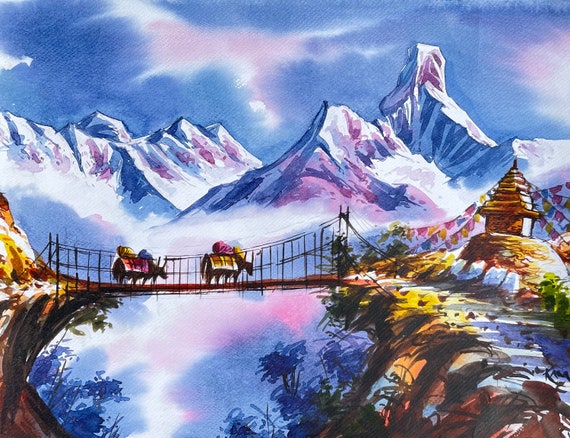 額縁付きネパール エベレスト山岳風景画 / Framed Mt. Everest Colorful Mount Everest Wall Art, Original Watercolor