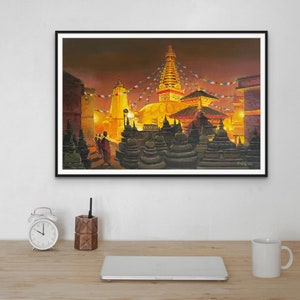 Affentempel Originalgemälde, Nepal Kultur Acrylkunst Gemälde, Stupa Wandbehang spirituelles Dekor, 15x22 Zoll handgemaltes Kunstwerk