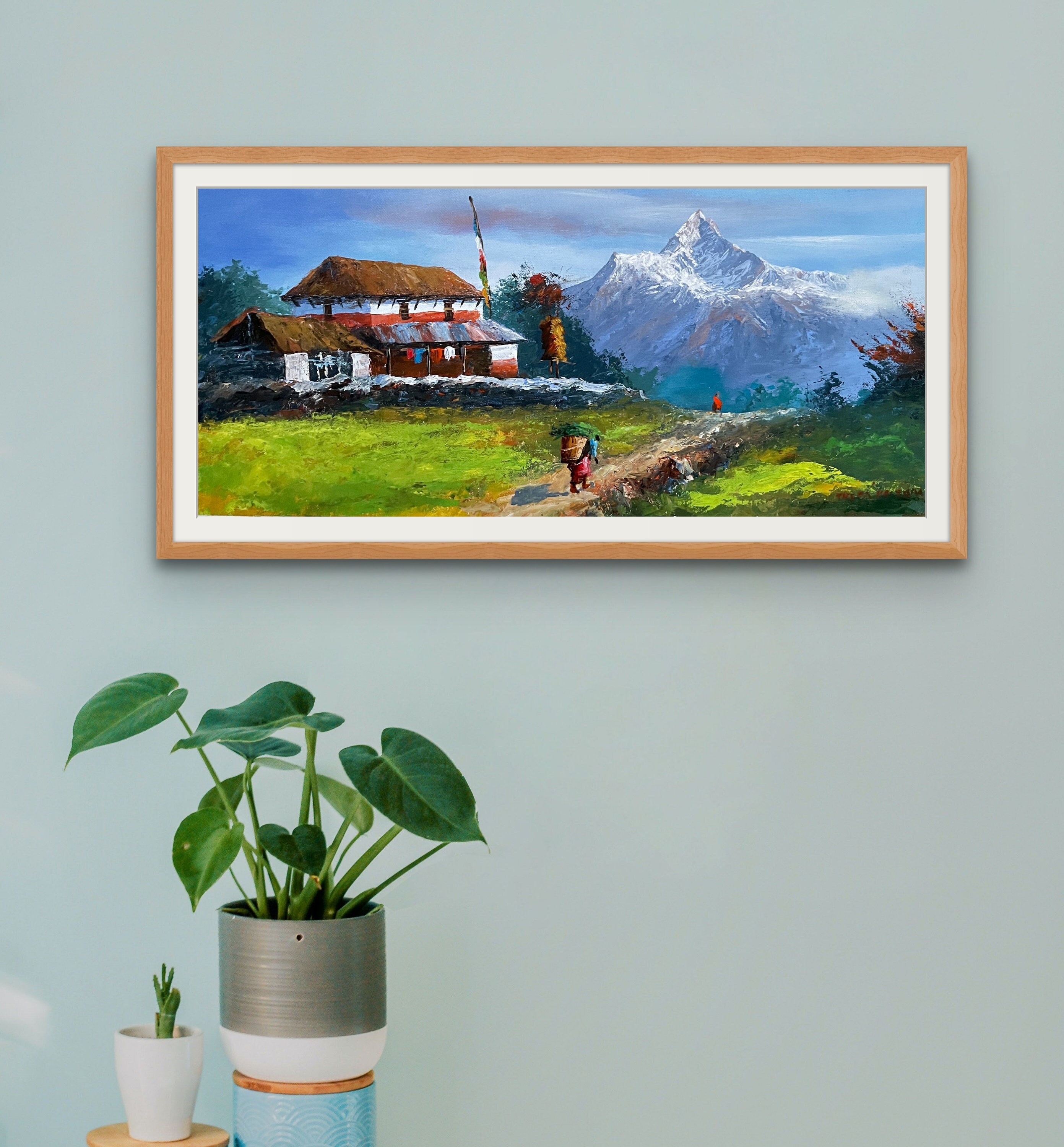 Nepali Mountain Village Painting, Himalayas Mt Fishtail Hand-Painted Landscape Art, Rustic Nature Decor, Original Artwork Modern Decor