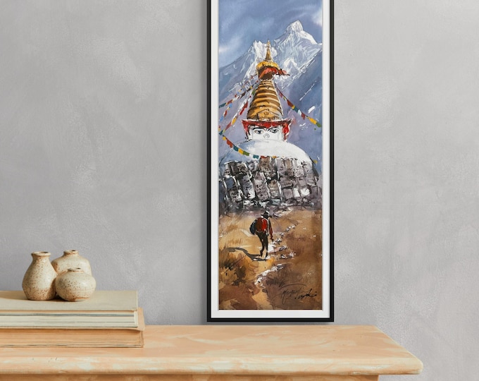 Featured listing image: Mahesh_Ama D_Stupa Watercolor Wall Art, Original Hand-Painted Tibetan Buddhist Stupa, 8x22" on Rolled Canvas Sacred Zen-Inspired Home Decor