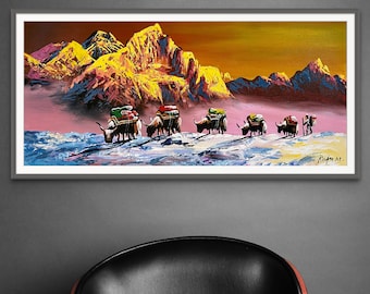 Everest Sunset Original Painting, Nepal Wall Art Decor, Himalayas Wall Art, Mountain Landscape Art, Hand-painted Nature Decor Acrylic Art