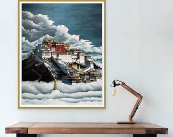 Majesty of the Potala Palace Painting, Lhasa Tibet Landscape Wall Art, Original Art on Canvas, 22x28 Acrylic Architecture Wall Decor