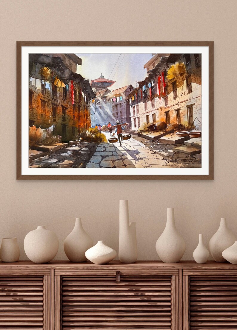 Old City Nepal Original Painting Kathmandu, Culture, Watercolor, Decor