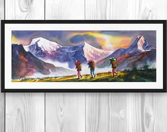 Annapurna Range Watercolor Painting on Canvas, Original Himalayan Landscape Art, Modern Canvas Wall Decor, Living Room Wall Art