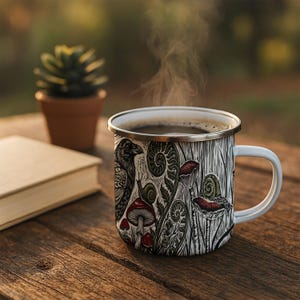 Könnte beinhalten: Eine weiße Emaille-Tasse mit einem schwarz-weißen Waldmotiv mit einem Raben, Pilzen und Schnecken. Die Tasse ist mit heißem Kaffee gefüllt, und Dampf steigt auf. Eine kleine Topfpflanze und ein Buch befinden sich im Hintergrund.