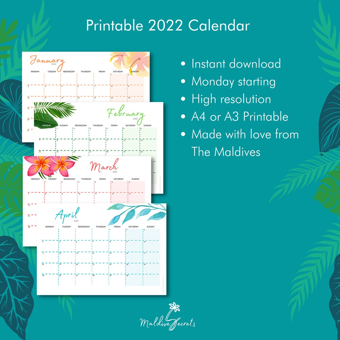2022 printable calendar tropical a4 or a3 monthly wall
