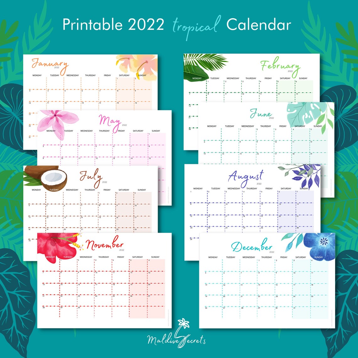 2022 printable calendar tropical a4 or a3 monthly wall etsy