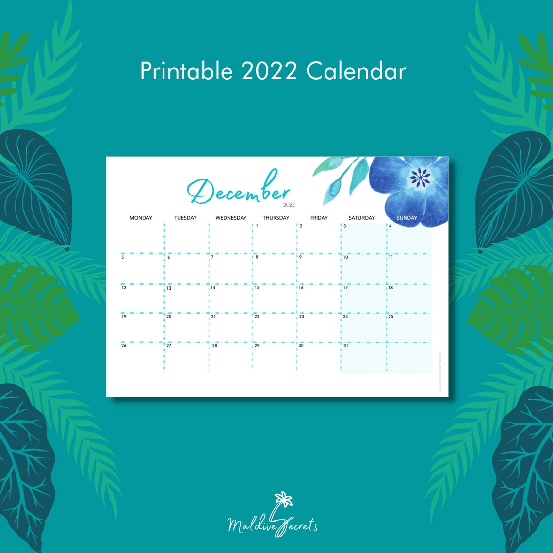 2022 printable calendar tropical a4 or a3 monthly wall