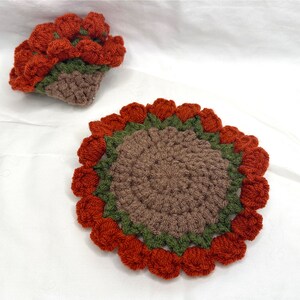 May include: Two crocheted coasters in the shape of flowers. The larger coaster has a brown center with a green outer ring and an orange outer edge. The smaller coaster has a brown center with an orange outer edge.